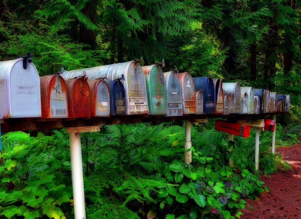 Row of mailboxes on a rickety wood fence in front of foliage.